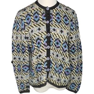 Vtg Hand Knit Cardigan Bolivia Cotton Blend Mixed Geometric Grandma Cabin Gorp M